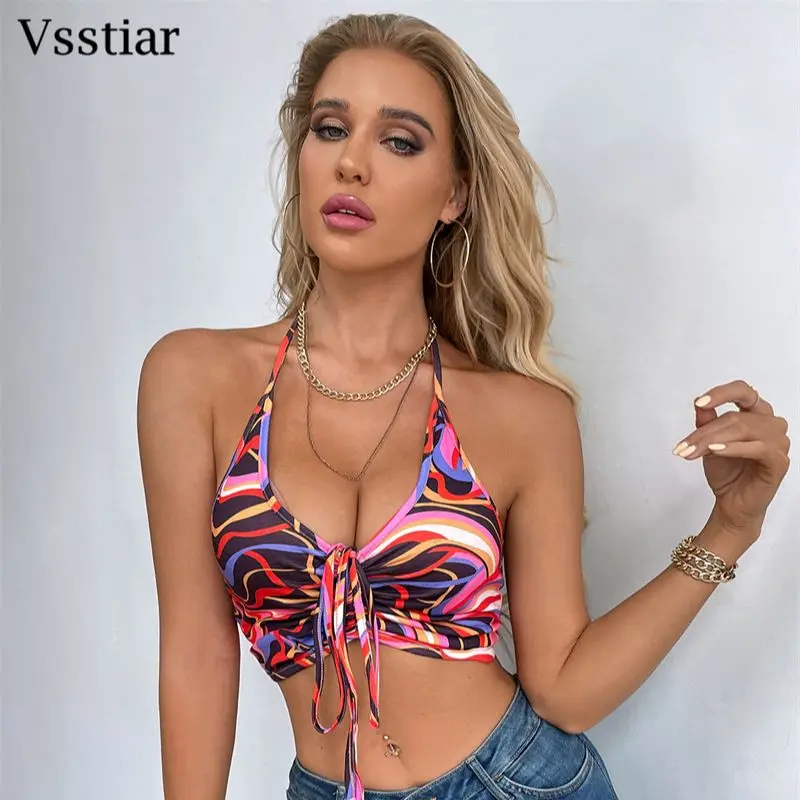 

Vsstiar Y2K Sexy Crop Top for Women New Backless Shirring Printed Halter Camisole Summer Fashion High Street Off Shoulder Tanks