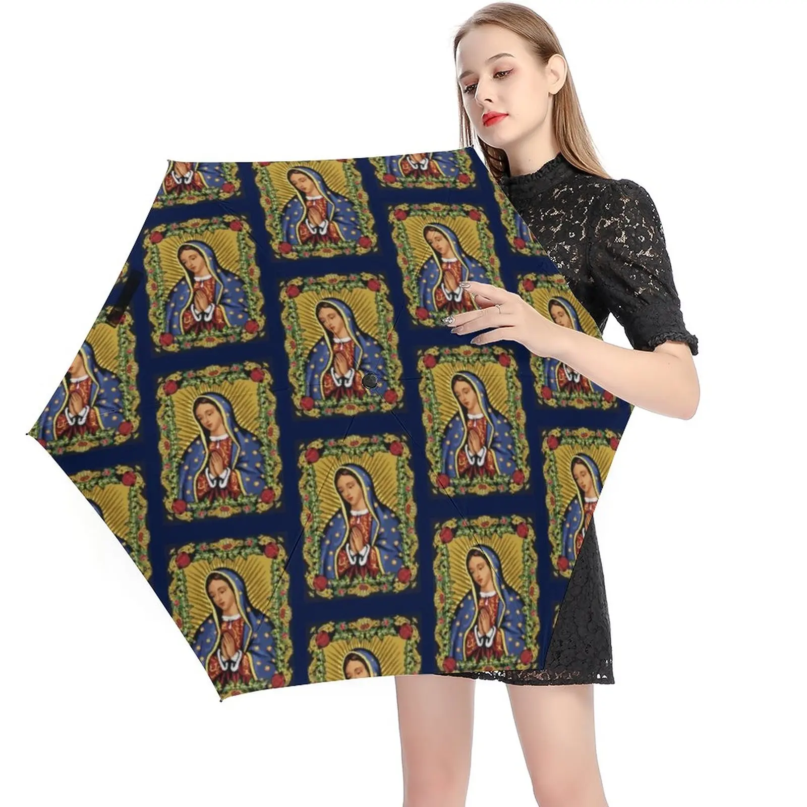 

Our Lady of Guadalupe Pocket Umbrella Virgin Mary Umbrella Black Coat UV Protection 5 Fold 6 Ribs Umbrellas for Male Female