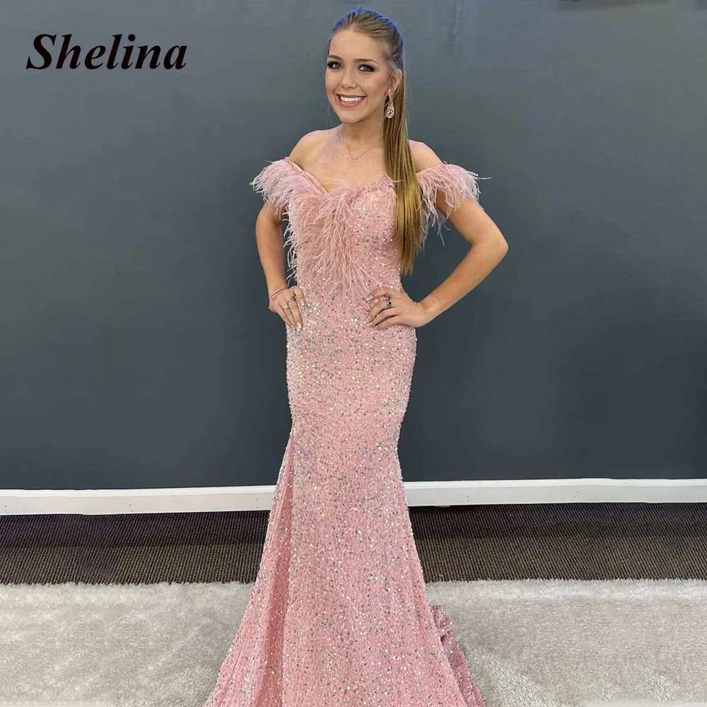 

Shelina Classic Sequins Prom Dress For Women Feathers Off the Shoulder Backless V-neck Sweep Train Mermaid Vestido De Noite