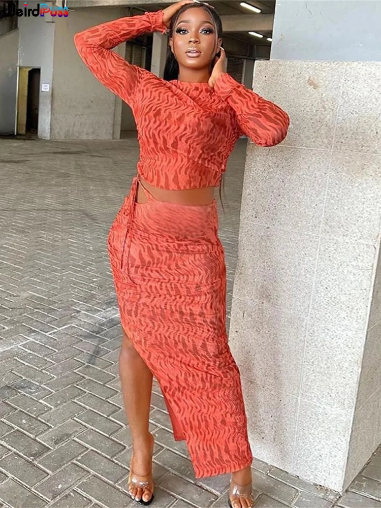 

Weird Puss Fashion Print Women 2Piece Set O Neck Full Sleeve Crop Tops+Side Split Hollow Shirring Skirt Streetwear Matching Suit