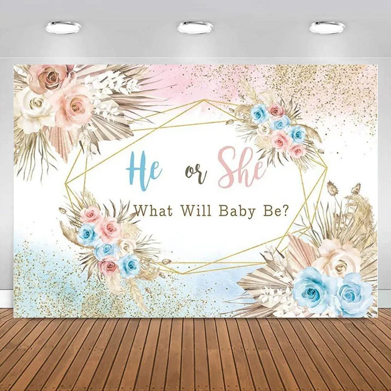

Gender Reveal Backdrop He Or She What Will Baby Be Baby Shower Banner Photography Background Blue or Blush Pink Party Decoration
