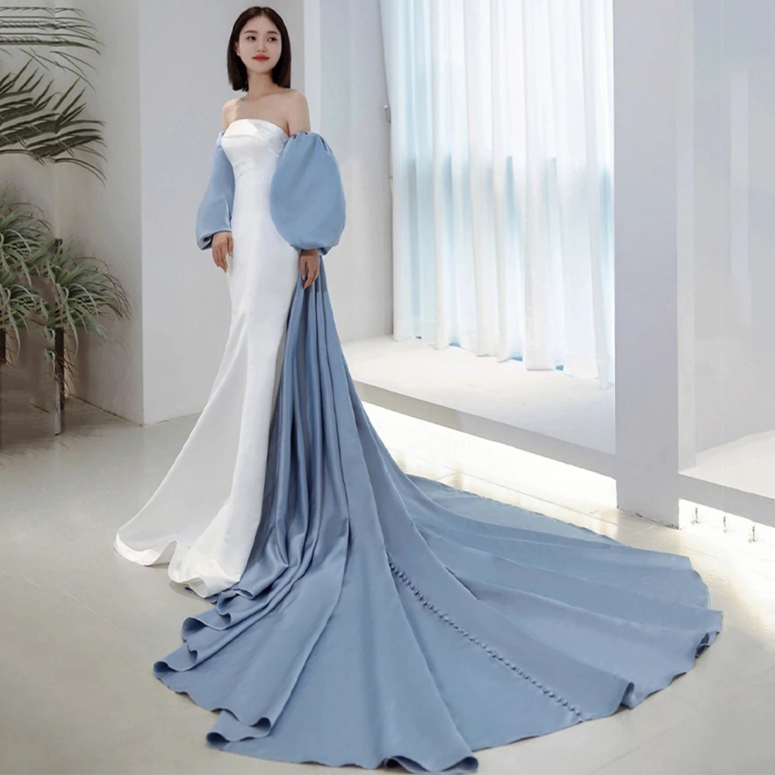 

Элегантное свадебное платье с открытой спиной с пышными рукавами и юбкой-годе, атласное свадебное платье со шлейфом