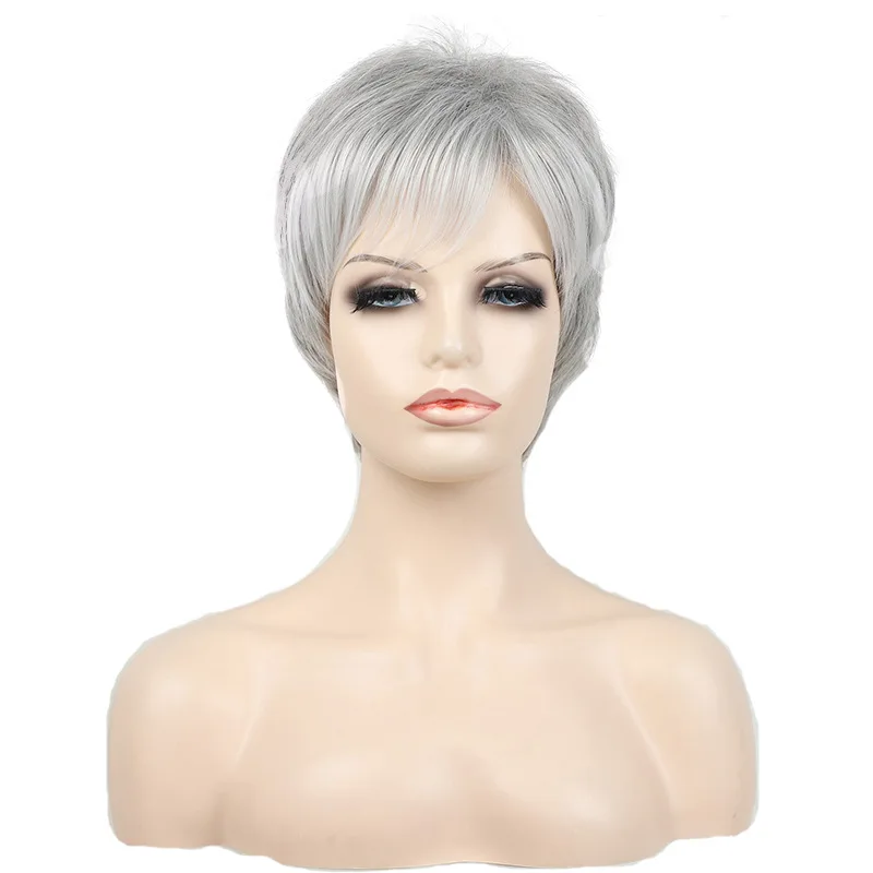 Модные Короткие Серые косые челки парики из химического волокна