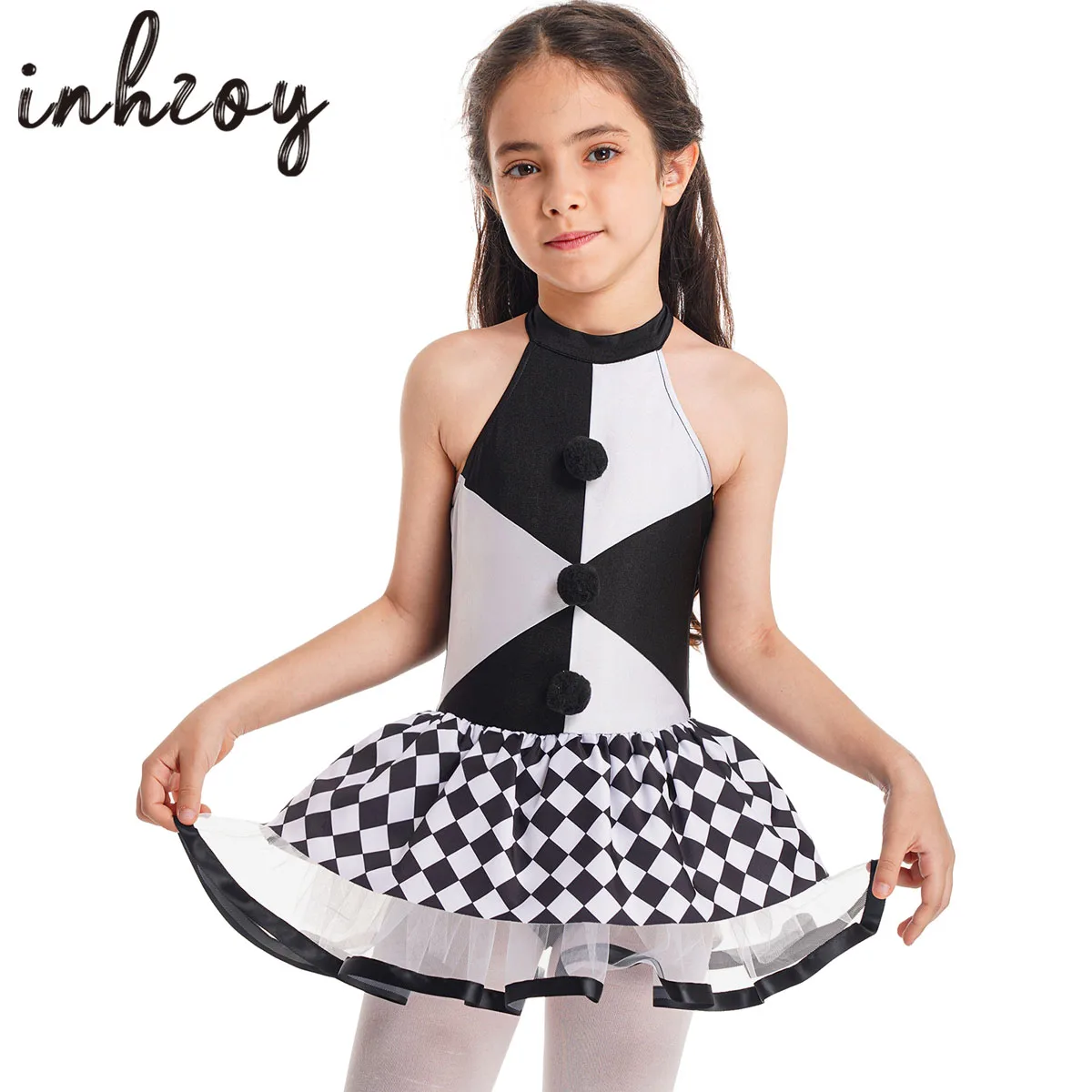 

Kids Girls Circus Clown Joker Cosplay Tutu Dress Costume Grid Pompoms Adorned Halloween Fancy Dress Up Princess Leotard Dress