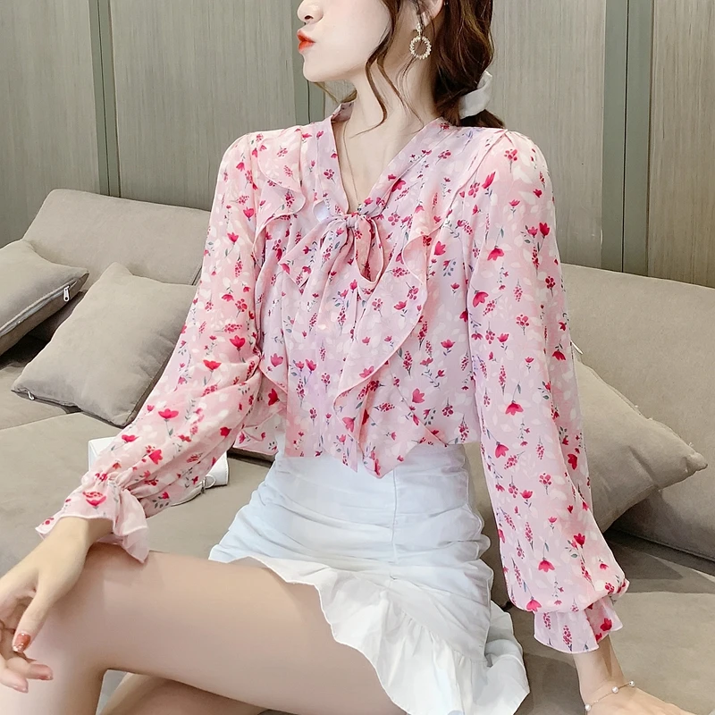 

Floral Printing Shirt Chiffon Women's Blouse Summer Printing Long Sleeve Casual Loose Top Ruffle Fashion Female New Clothing