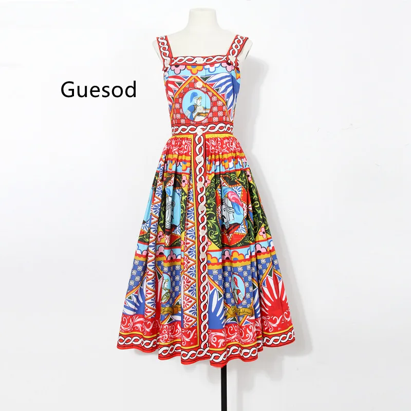 

Women Cotton Dress 2022 100% Cotton Red Print Expansion Bottom Single Breasted Slim Summer Spaghetti Strap Long Dress Female New