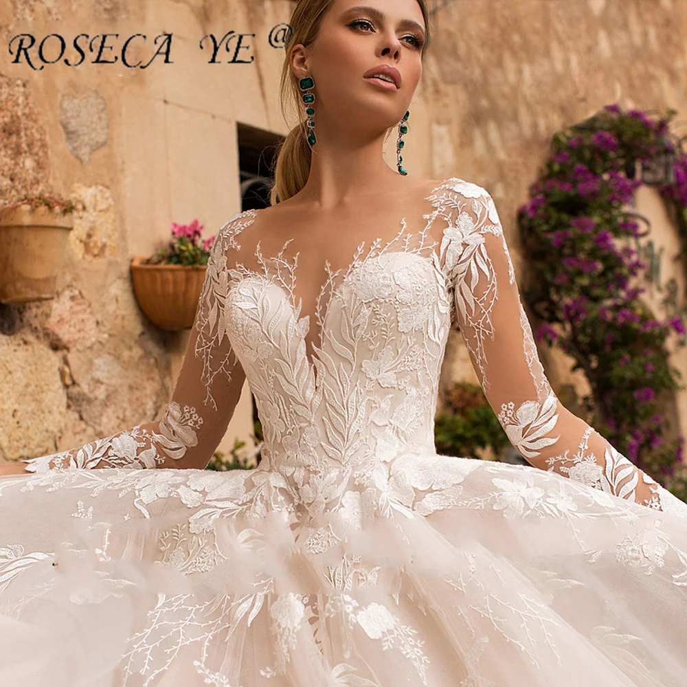 

Roseca-Ye O Neck Full Long Sleeves Ball Gown Lace Wedding Dresses For Women Lace Ivory Court Train Princess For Bride Bridal