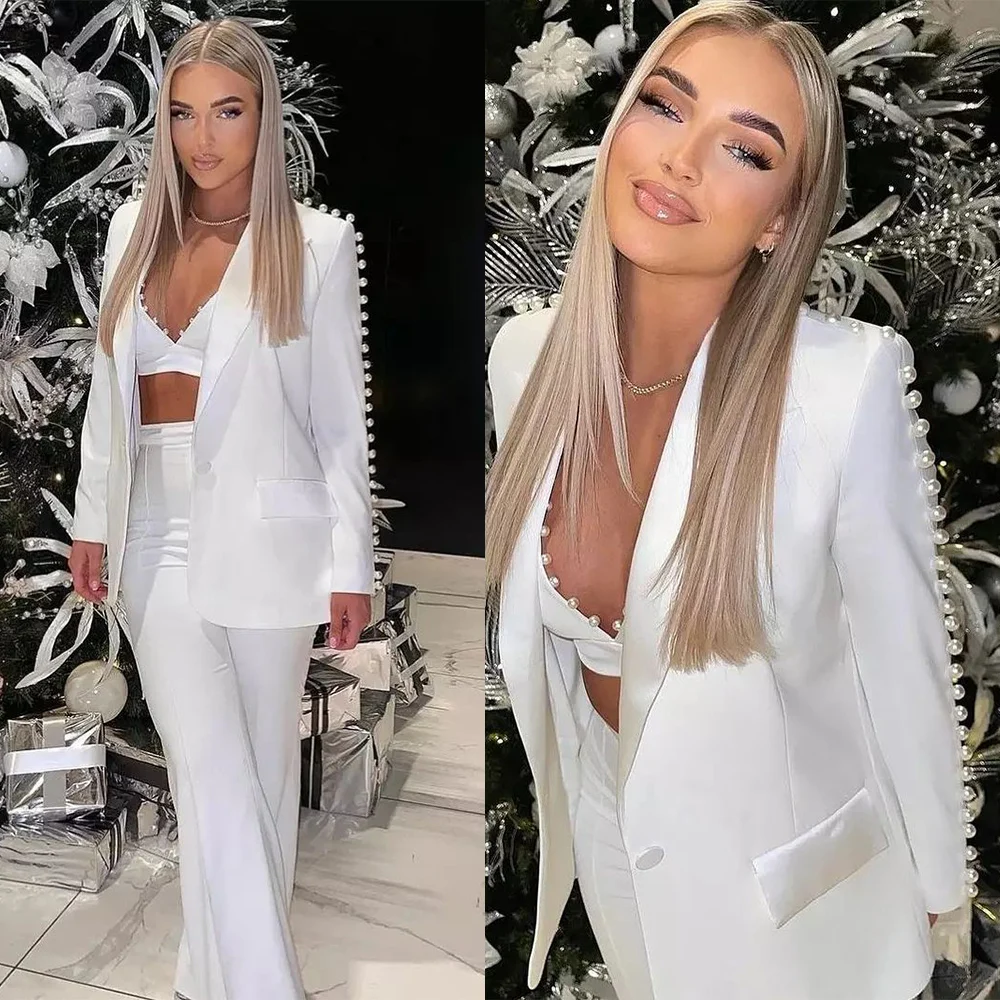 

3 Pieces Women White Suits Set Stage Prom Party Dress Camisole+Blazer+Pant Evening Txuedos Wedding Pantsuits Customize