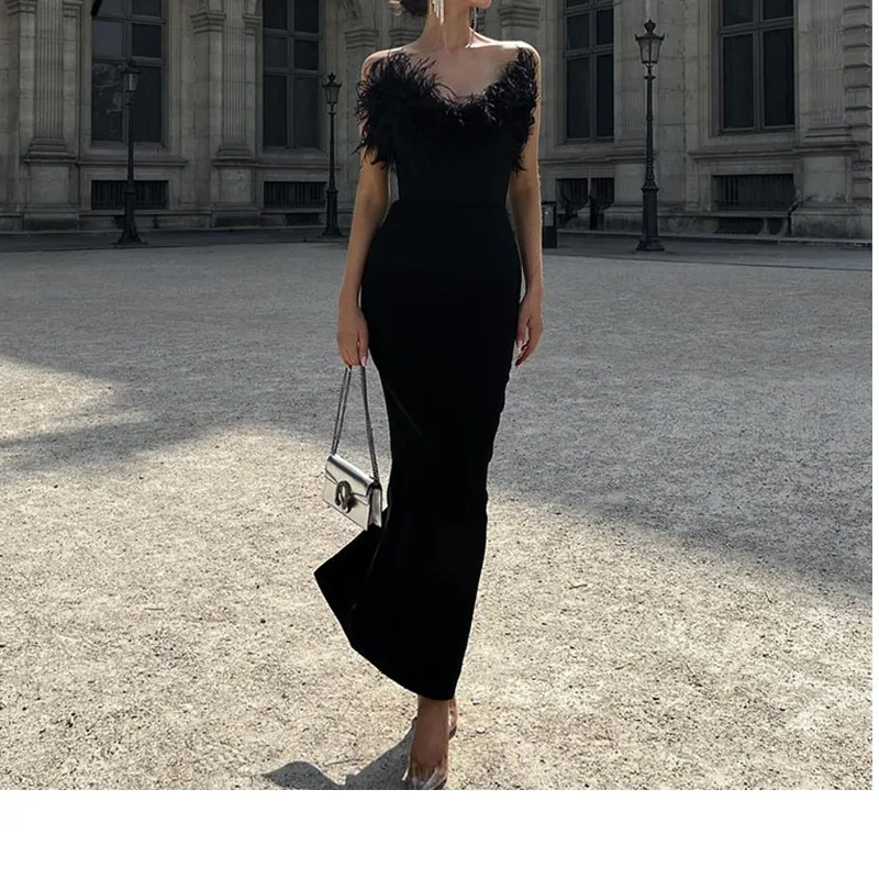 

Long Dress Off Shoulder Sexy Feather Club Party Dresses Women Autumn Winter Elegant Bodycon Backless Slim White Black Robe