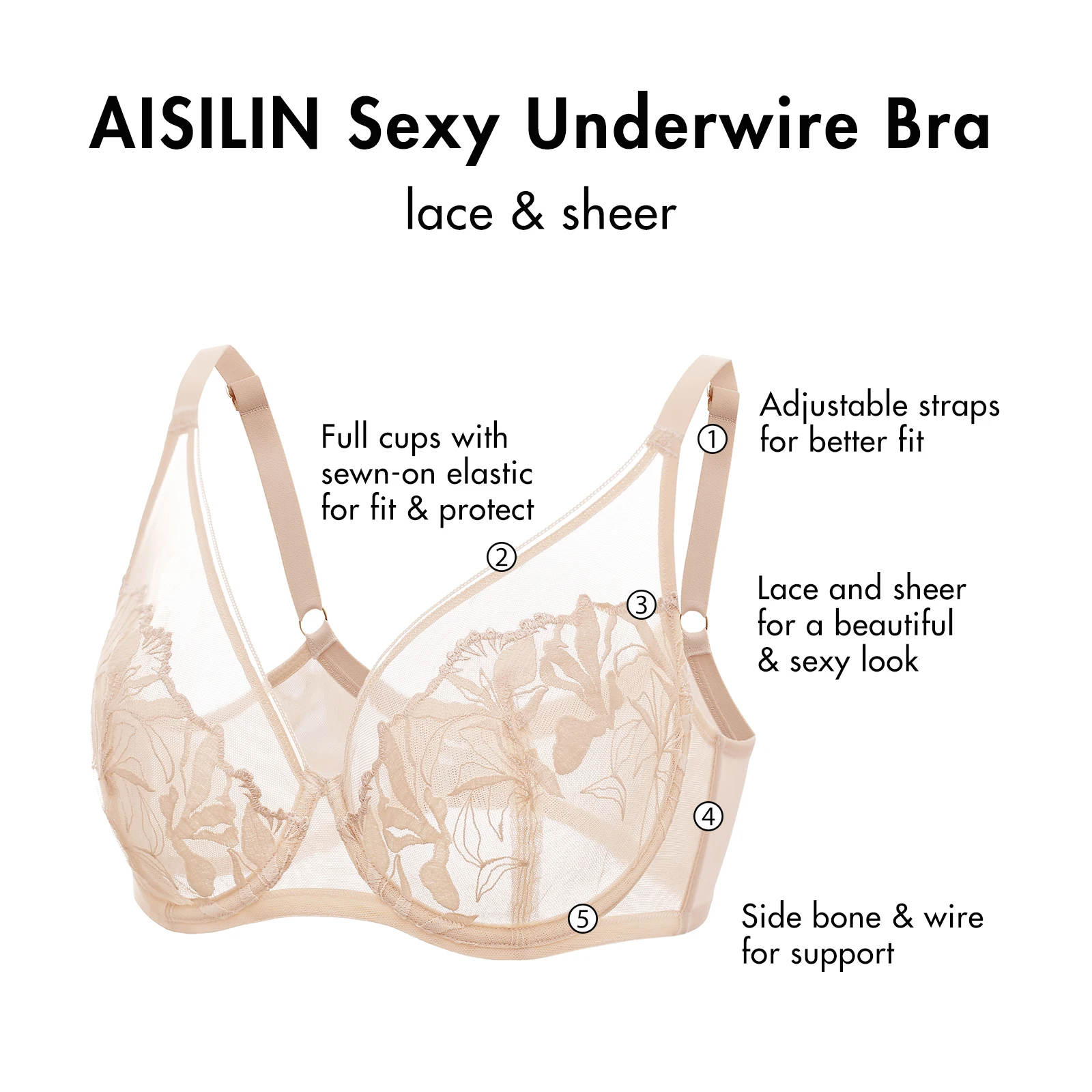 Women's Minimizer Bra Sexy Floral Lace Plus Size Underwire Unlined Full Coverage See Through Transparent