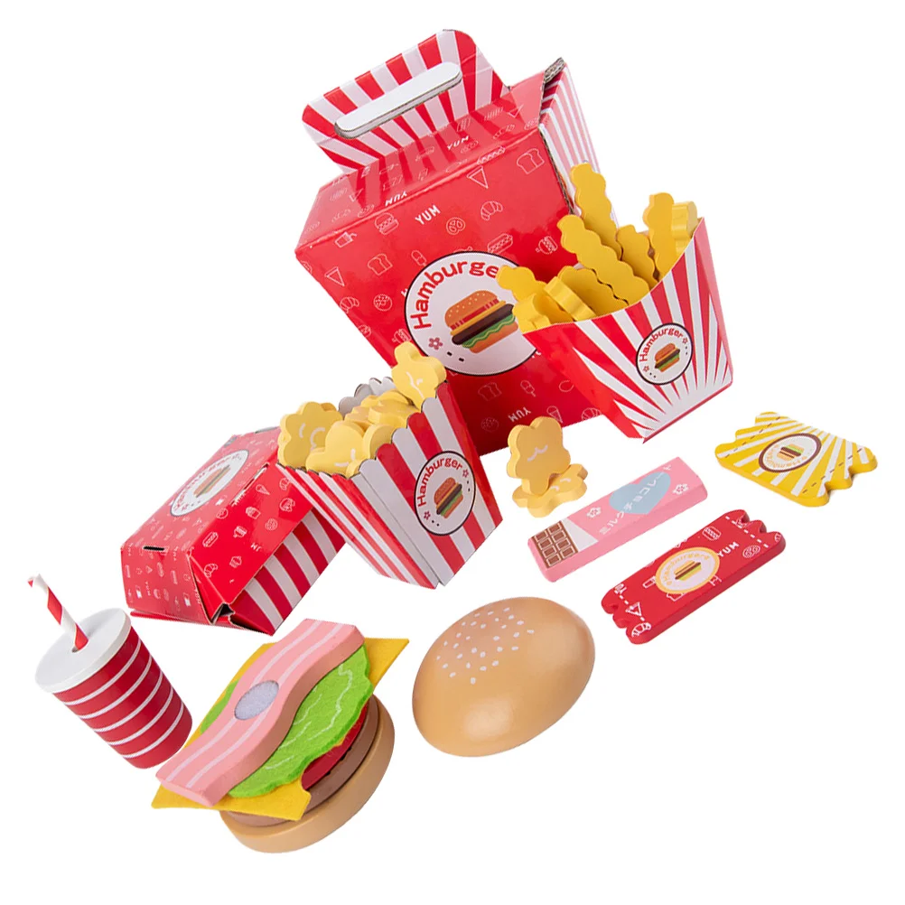 

Hamburger French Fries Combo Simulation Fast Food Cooking Toy Cookware Set Wooden Toys Toddlers Kids Combination Role Play Prop