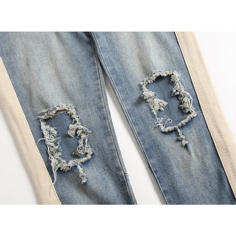 New Mens Jeans Denim Vintage White Stripe Side Knee Holes Slim Side Zipper Pencil Pants Streetwear Men Denim Jeans