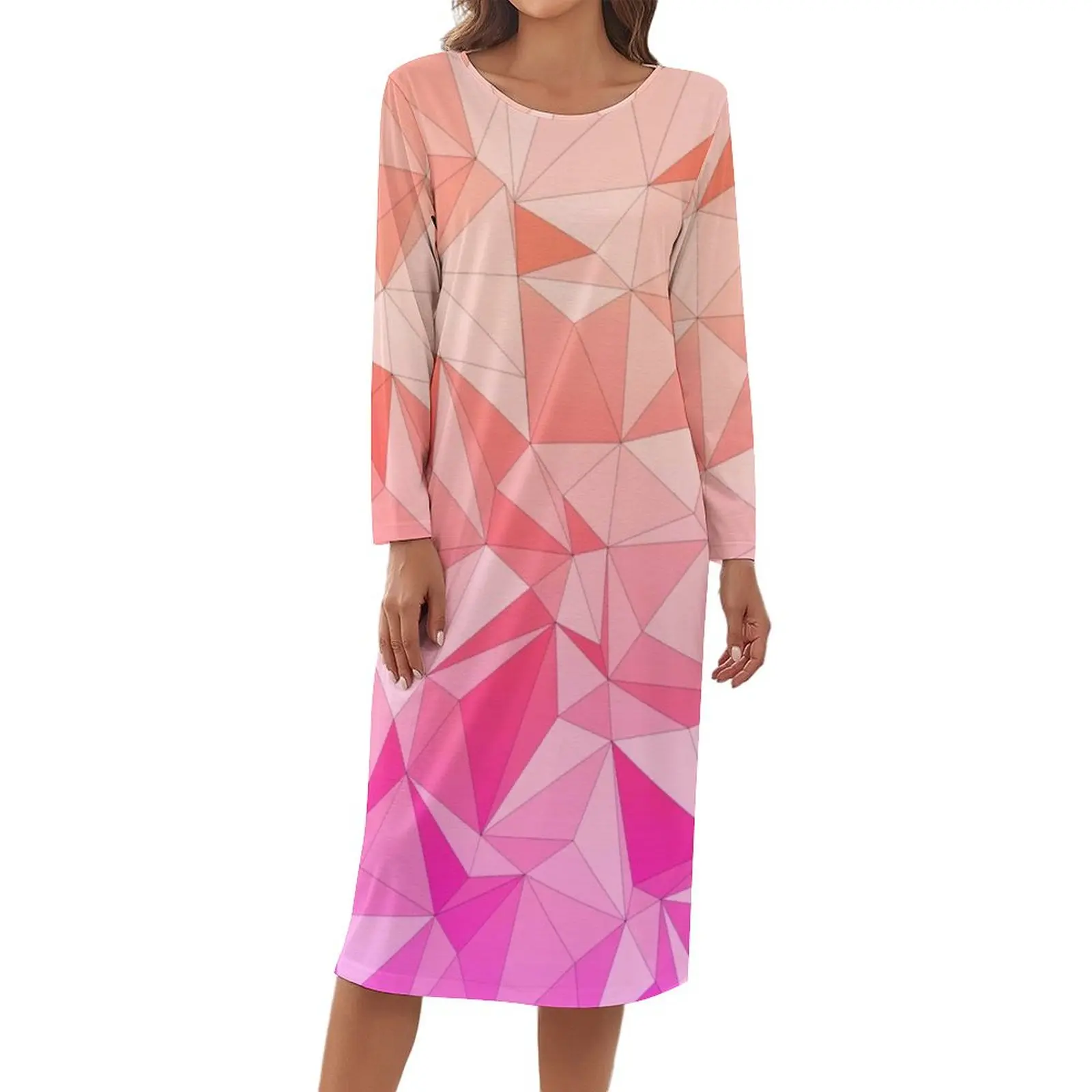 

Двухцветная розовая пижама с мозаичным дизайном, милое платье, одежда для сна с длинным рукавом и принтом, женская одежда для сна с круглым в...