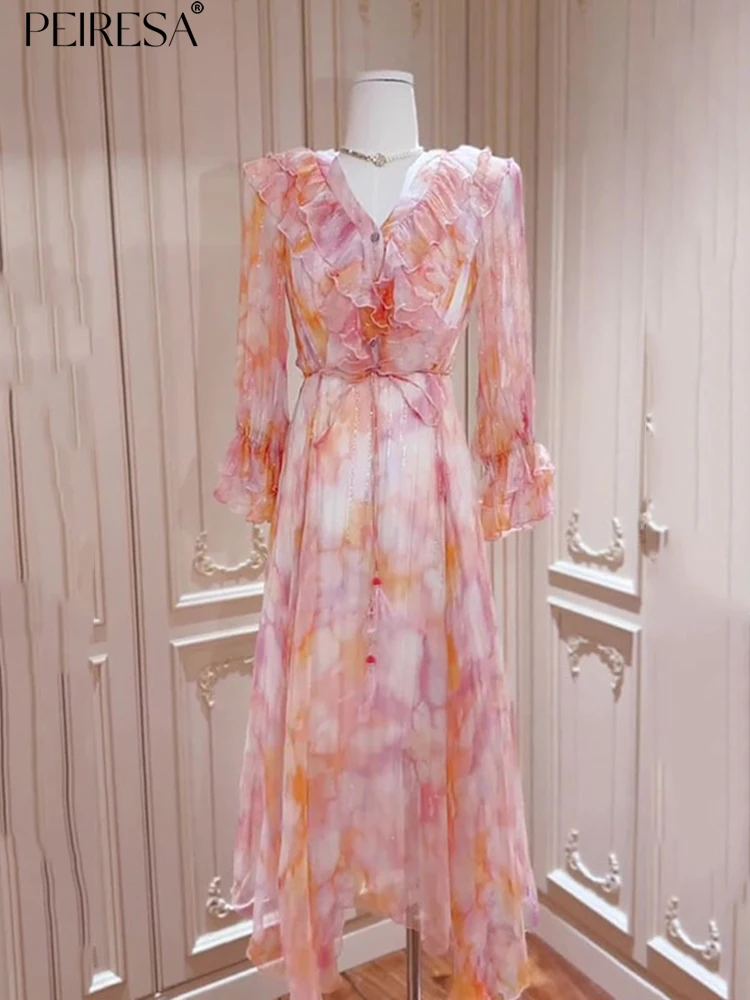 

Женское шифоновое платье с оборками, V-образным вырезом и длинным рукавом