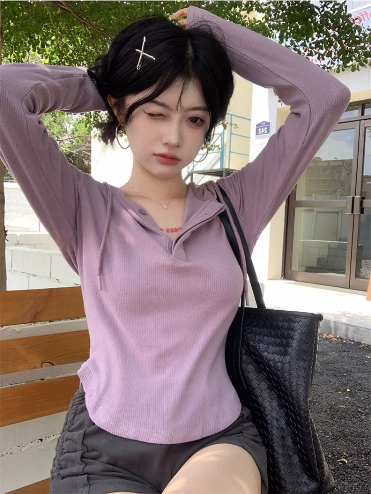 

Deeptown Women's Long Sleeve Hooded Tops Korean Fashion Chic Drawstring T-shirts Y2K Solid Color Basic Slim Corset Buttons Tees