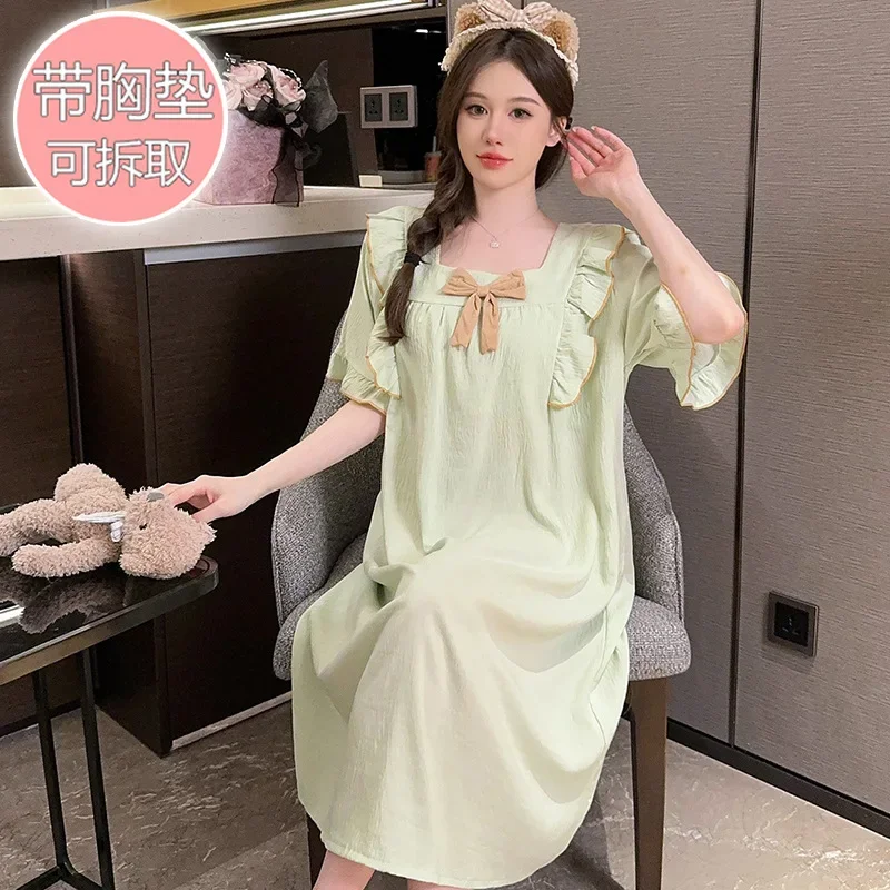 5XL Plus Size Sleep Dress with Chest Pad Thin Cloud Cotton Homewear Solid Japanese Sweet Home Clothes Loose Pajamas Nightwear