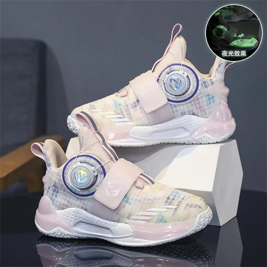 New Kids‘ Basketball Shoes Mesh Breathable Cushioning Rotating Button Sport Shoes Training Athletic Basketball Sneakers Boys