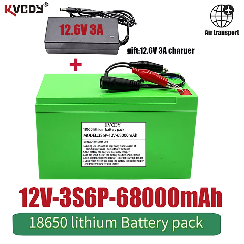 

Новый набор литиевых батарей 12 в 68 Ач 18650 3S6P Встроенный ток 30A BMS для распылителей, аккумулятор для электромобиля + зарядное устройство 12,6 в