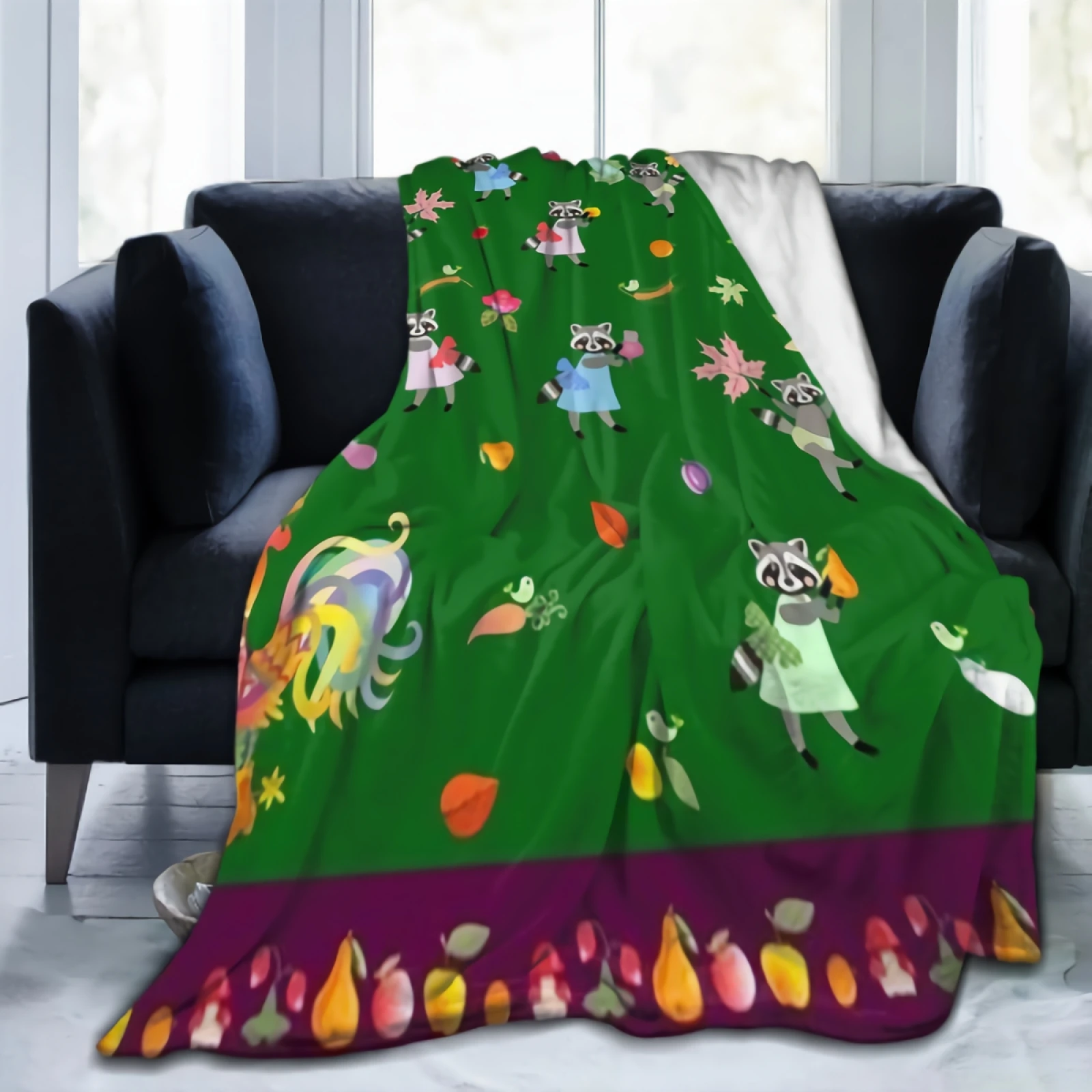 

Funny Raccoon Throw Blanket Super Soft Lightweight Flannel Fleece Fruit Farm Blankets for Bed Couch Sofa Warm Plush Blanket