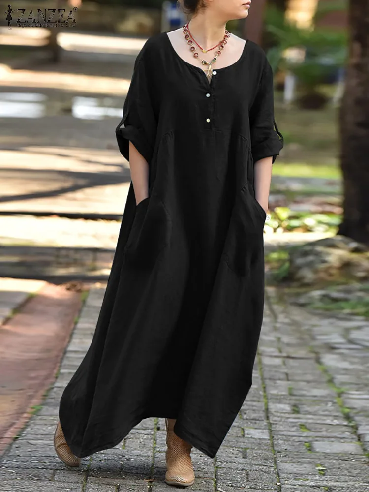 

Платье ZANZEA женское повседневное с круглым вырезом, модный однотонный кафтан с карманами, праздничное длинное на пуговицах, Длинное Макси-пл...