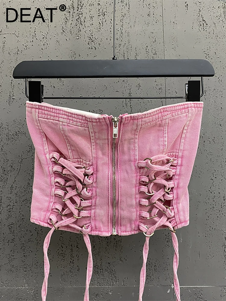 

DEAT WomenDenim Short Tank Tops Backless Off Shoulder Patchwork Lace-up Slim Solid Color Camis 2023 Summer New Fashion 29L2603