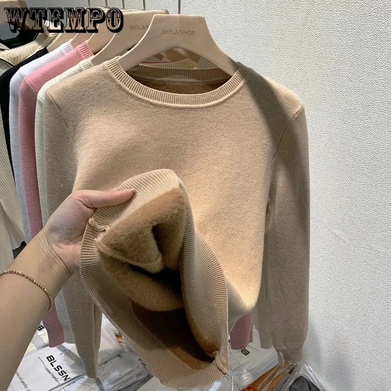 

WTEMPO Women O-Neck Plus Velvet Thick Sweaters Winter Slim Warm Long Sleeve Knitted Tops Casual Plush Fleece Lined Soft Pullover