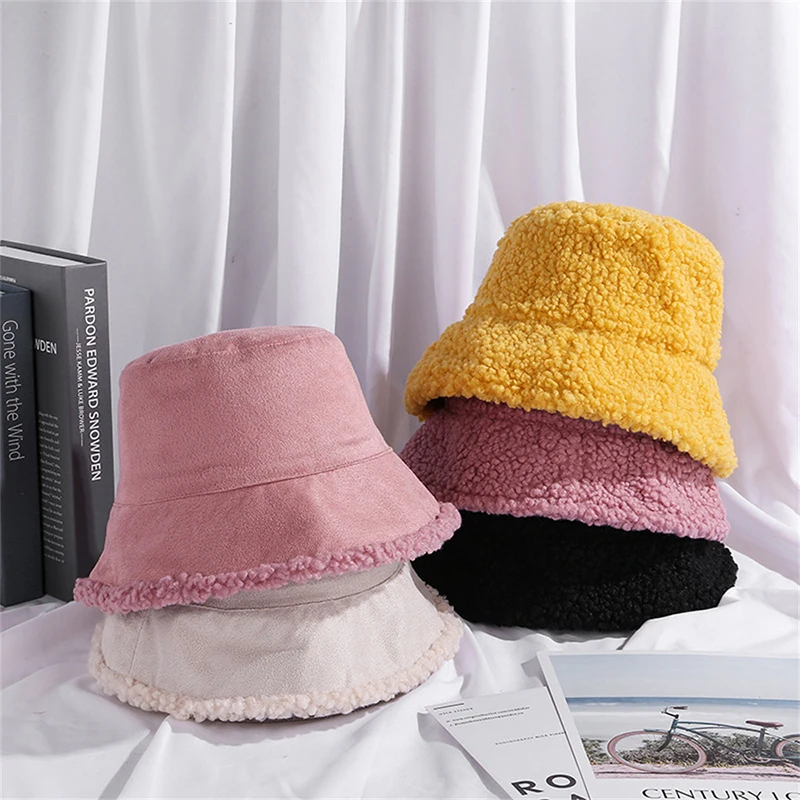 

Winter Women Bucket Hats Double-Sided Wearing Thicken Warm Panama Caps Corduroy Lamb Wool Fleece Fisherman Hat Casual Basin Caps