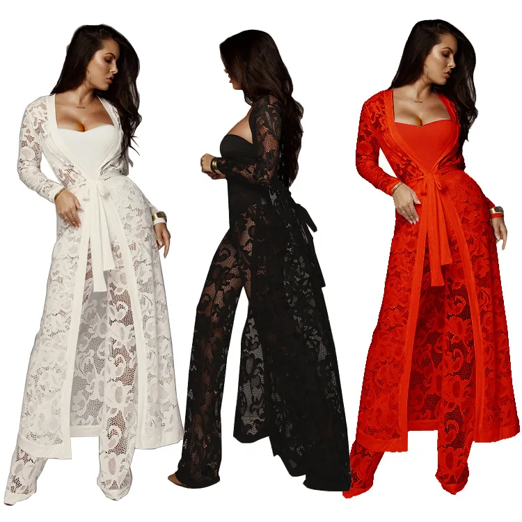 

Woman 3pcs Lace Suit Solid Color cardigan Long Sleeve Midi Cover+strapless Vest+Pant Suit S-2XL 3Color K9225