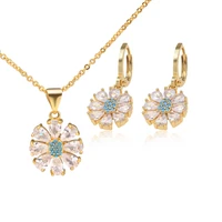 luxury fashion ladies charm earring necklace aaa zircon jewelry set 18k plated real gold botanical flower design