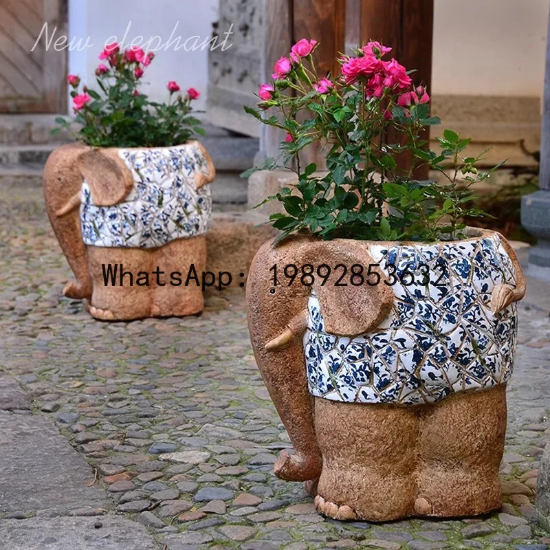 Фото Горшок для цветов HYS в форме слона, сине-белый, для декора двора, сада, виллы, двери, пола, для комнатных растений №2