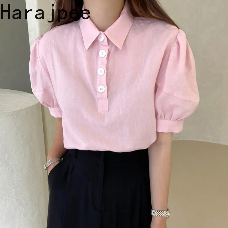 

Женская однотонная Свободная рубашка Harajpee с отложным воротником, короткими рукавами-фонариками и пуговицами, Новинка лета 2023, базовые Топы для женщин