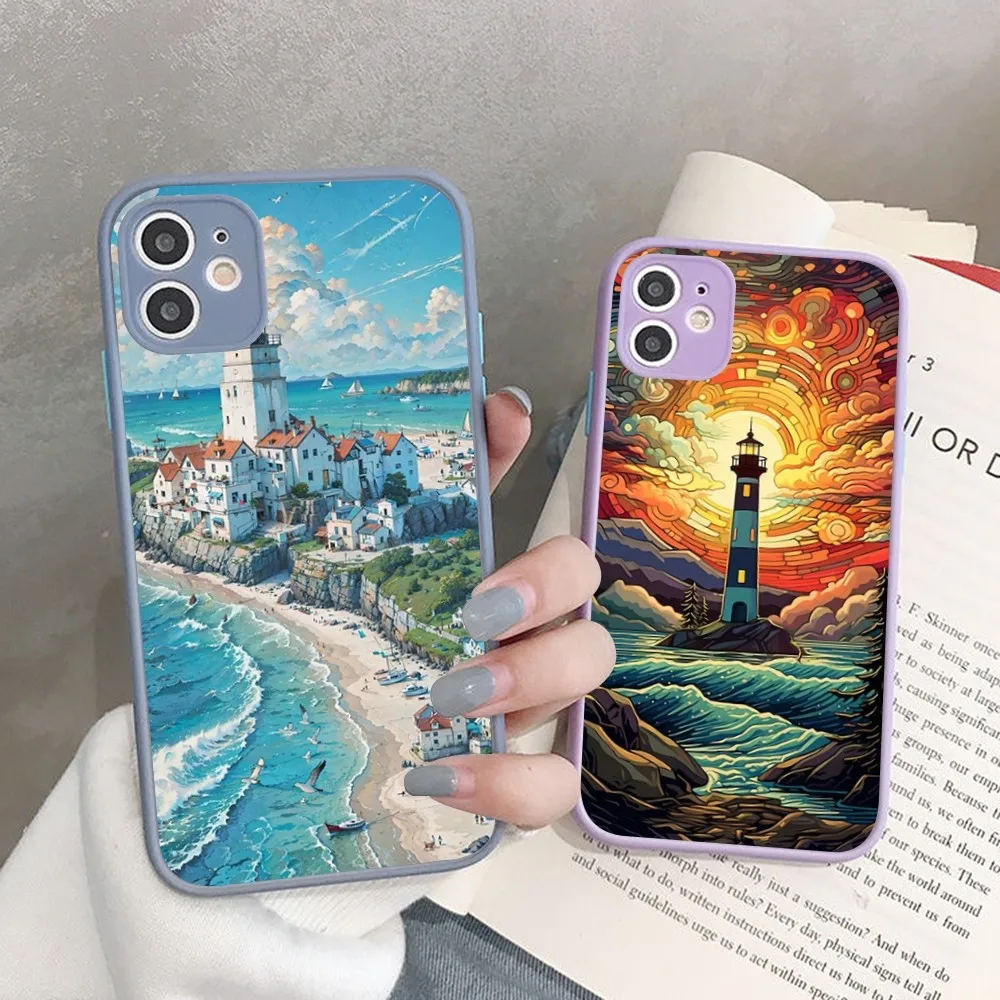 

Hand Painted Lighthouse Phone Case for iPhone 14 11 12 13 Mini Pro Max 8 7 Plus X XR XS MAX Translucent Matte Cover