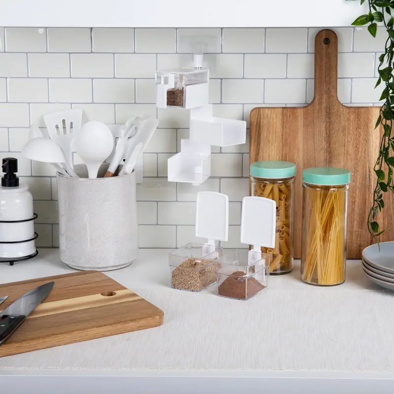 

& Red Elegant White & Red Three Compartment Rotating Spice Rack Jars with Individual Spoons, Perfect for Organizing Your Kitche