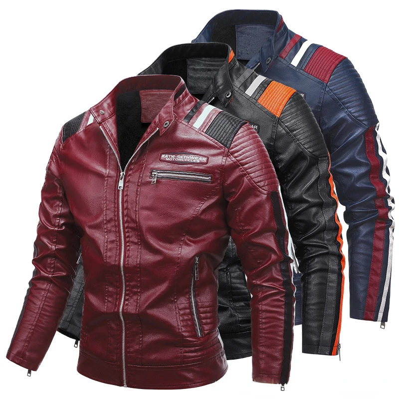 

Men Trend Biker Zipper PU Leather Jackets Male High Quality Motorcycle Plus Velvet Embroidered Color Matching Jacket Casual Coat