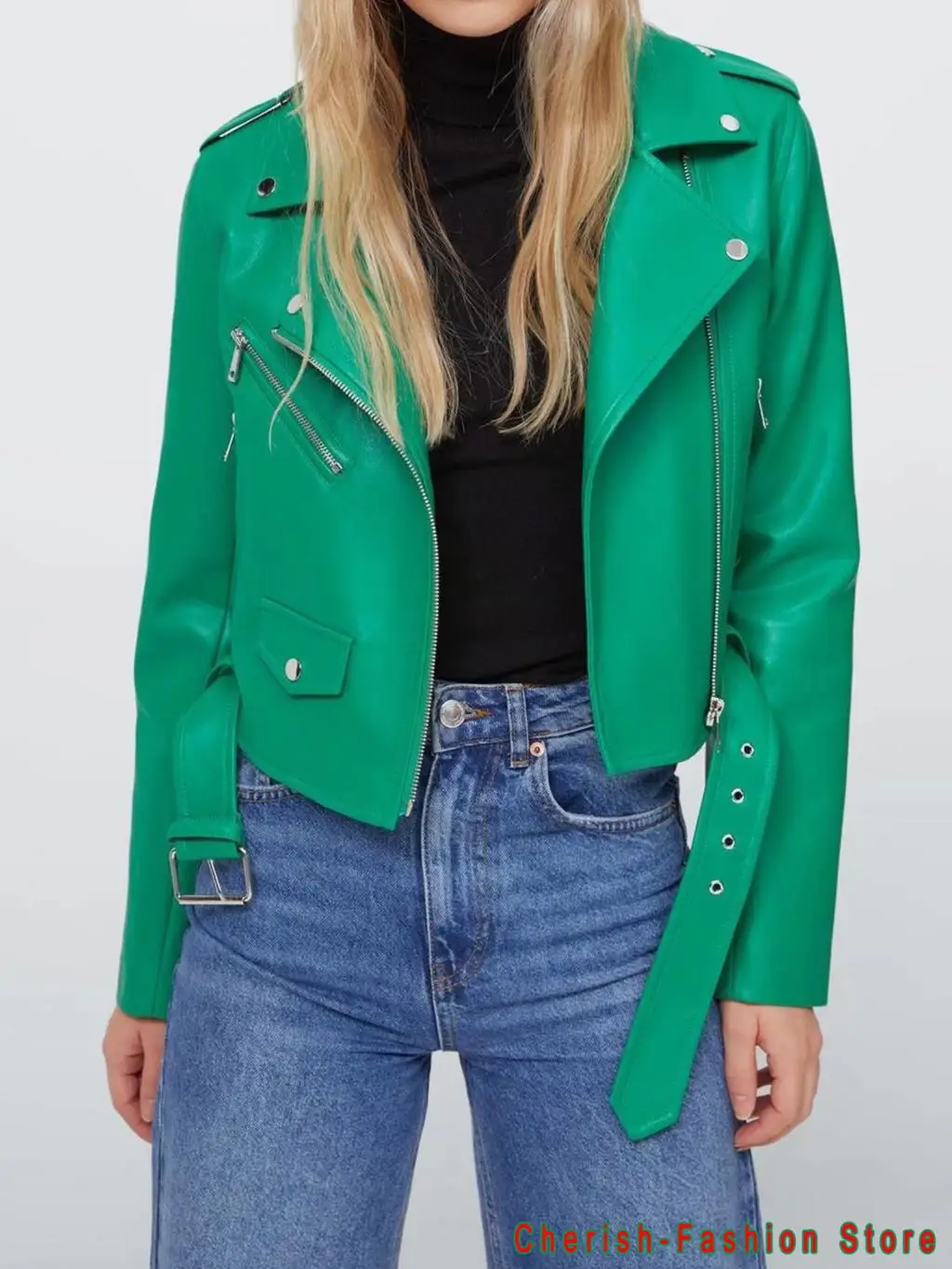 

Short Green Gecko Biker Leather Jacket Long Sleeve Zipper Belt Colored Stylish Outerwear for Women Fashion 2022 Motorcycles Coat