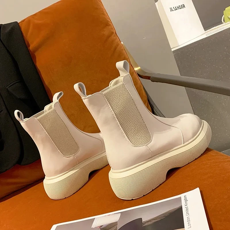 Autumn Winter New Boots Female Mid Calf Boots Ladies Fashion Casual PU Booties Women Boots Slip on Flats Platform Woman Boots