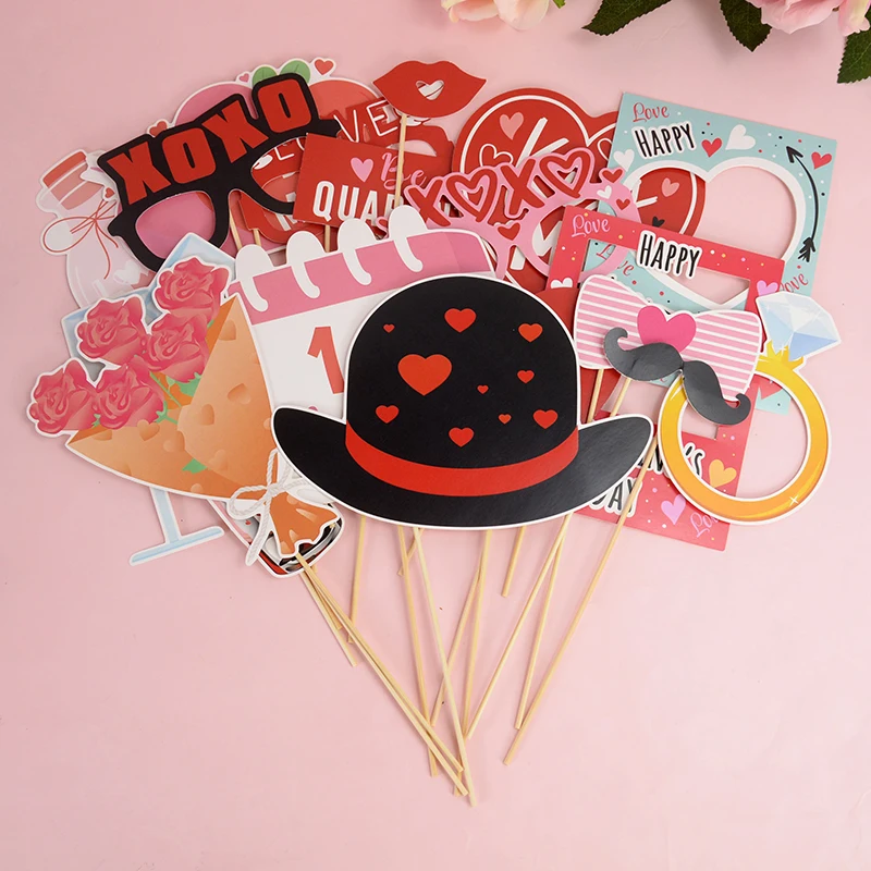

6/27pcs Rose Pink Valentine's Day Photo Booth Props Paper Glasses Pink Crown Rose Miss Me Happy Lovers Festival Party Decoration