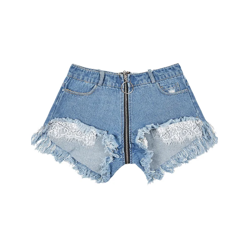 New Summer Women Fashion Lace Patchwork Zipper Denim Shorts Female Casual Sexy High Waist Wide Leg Jeans Shorts