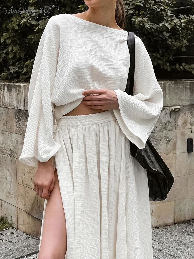 Mnealways18 Crape хлопковые комплекты с юбкой повседневные из двух частей Оверсайз