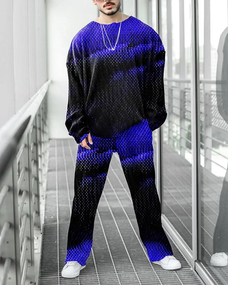 Men's Tracksuit Set Crew Neck Long Sleeve Sweater Sweatpants Two-piece Outfits Striped Color 3D Printed Sports Loose Casual Suit