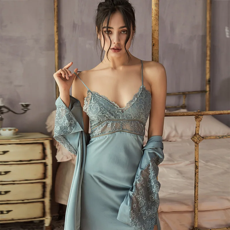 Summer Women's Lace Robe Set Nightgown Silk Stain Sexy Nightdress Sleepshirts Set Lace Robes Sets Female Sleepwear Homedress