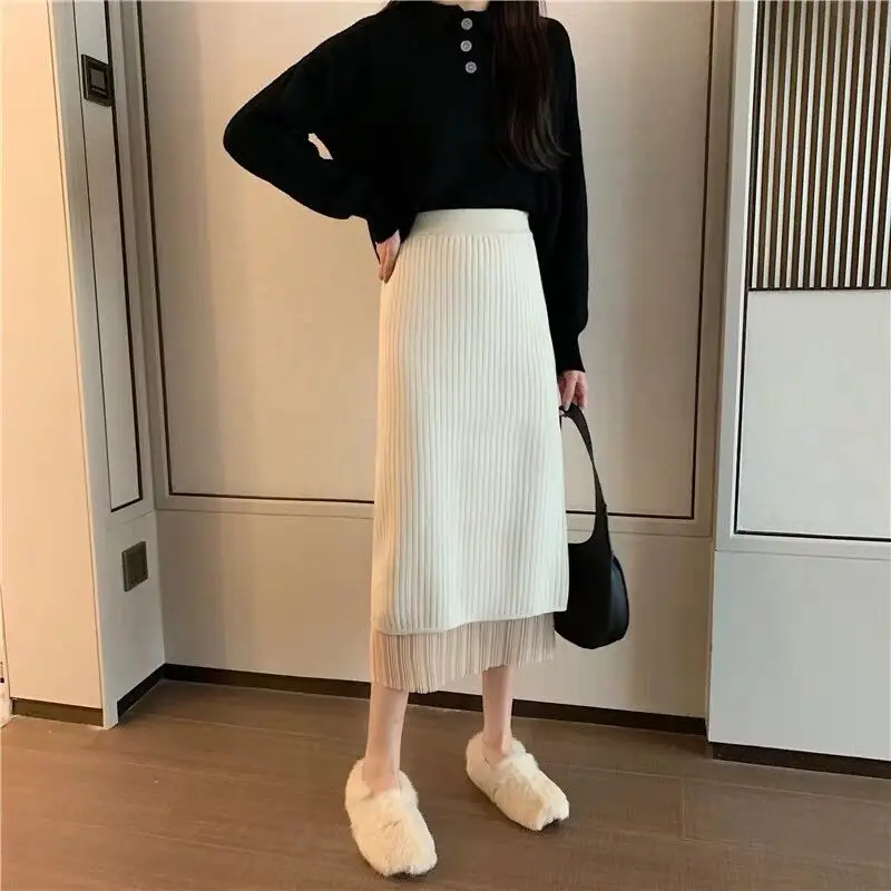 

Женская Длинная трикотажная юбка, Однотонная юбка-свитер с высокой талией, трапециевидная юбка на осень и зиму, N121, 2023