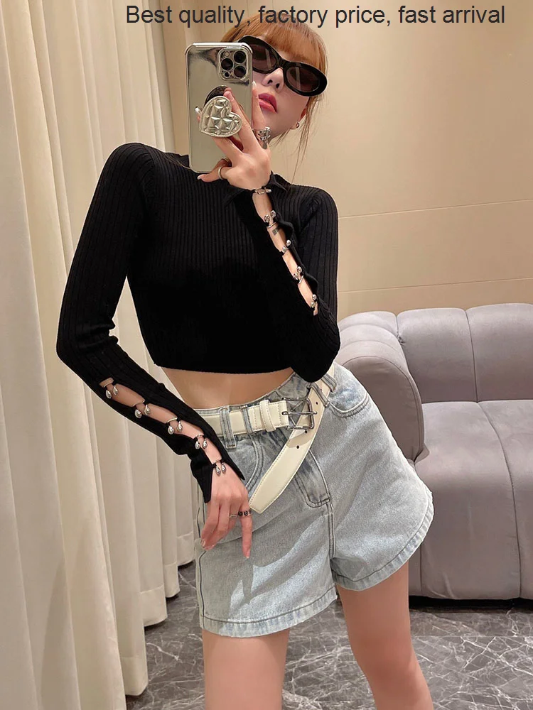 

High quality luxury brand 2023 Women's Sweater Trends Winter Korean Slim Fit Bottoming Shirts Cuffs Slit Crew Neck Knit Tops Fr