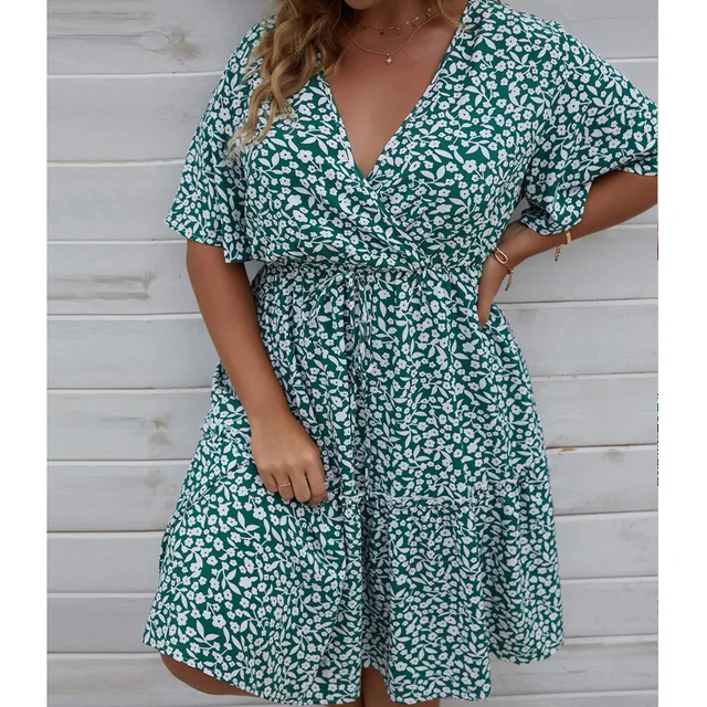 Plus Size Dress Woman 2023 Summer V Neck Short Sleeve Floral Print Casual Midi Dress High Waist Chic Beach Party Dresses 1
