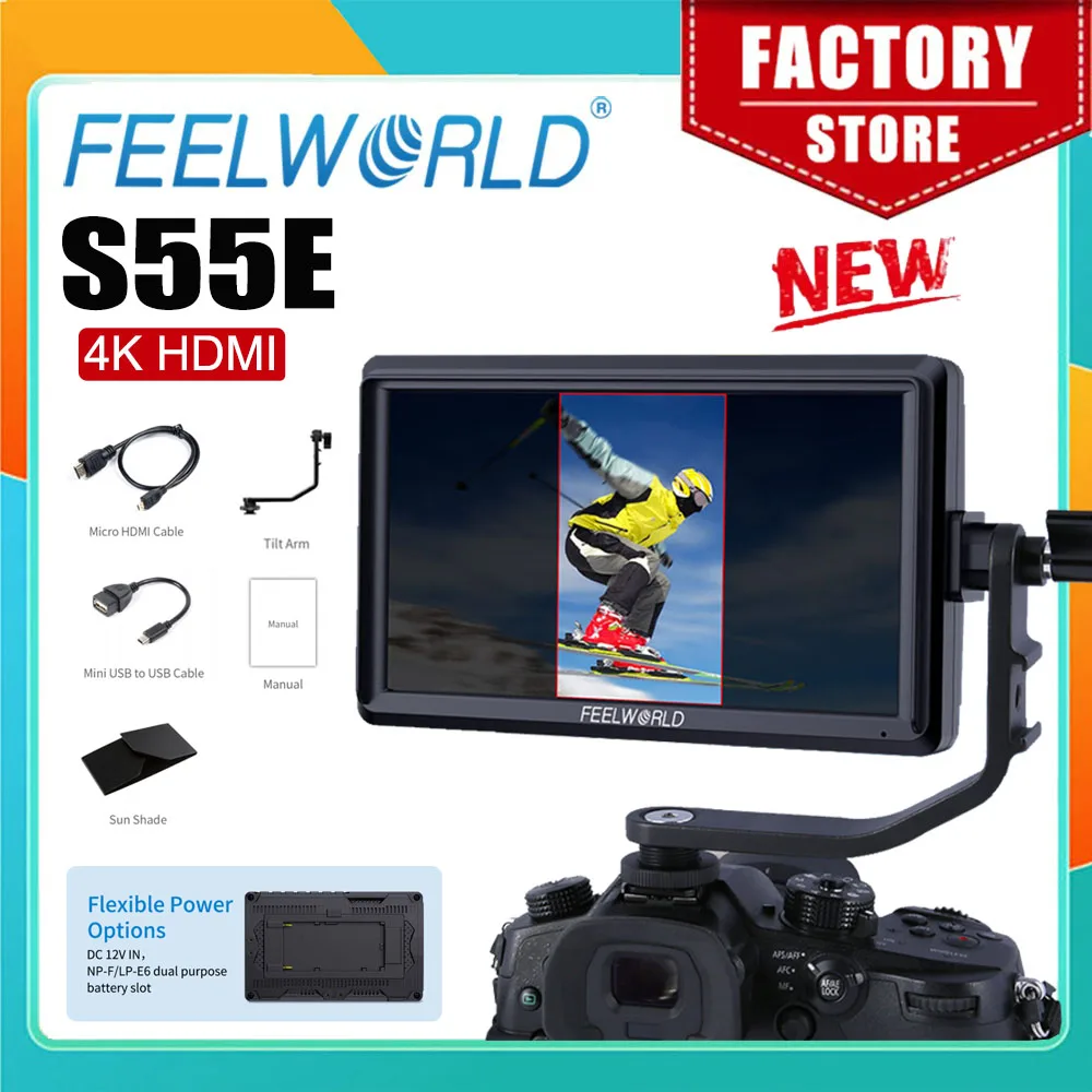 Фото FEELWORLD S55E 5,5-дюймовый монитор для DSLR-камер, FHD IPS, поддержка 4K, вход/выход HDMI, наклонный кронштейн, выход питания №1