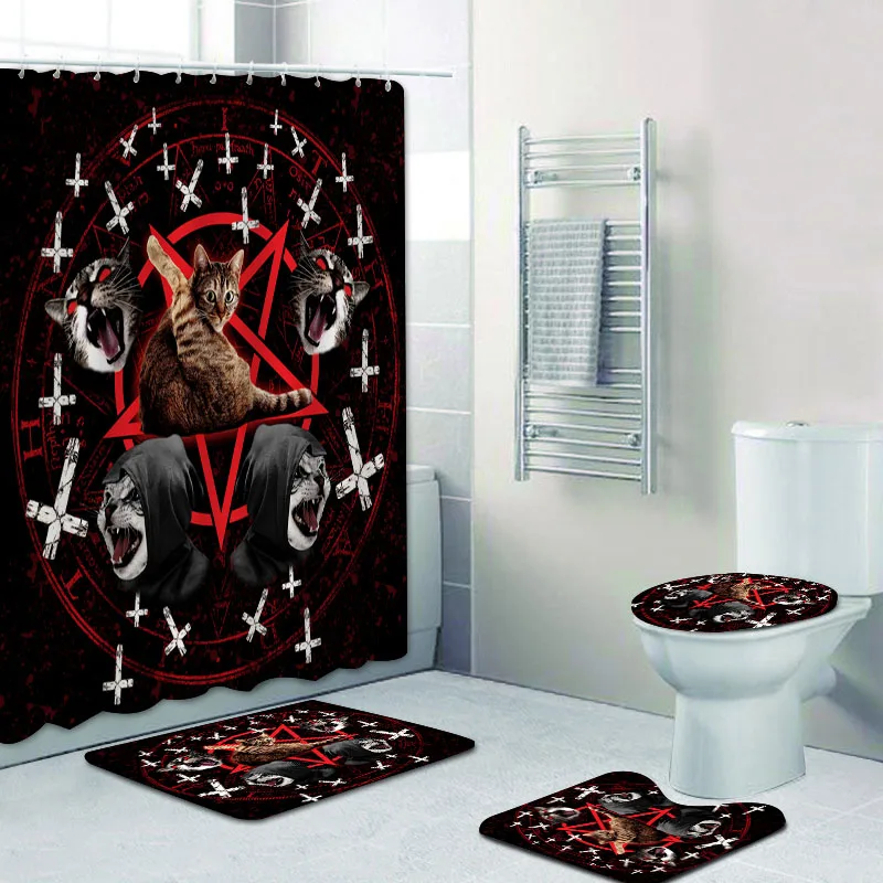 

Bathroom Accessories Sets Foot Mat Carpet Rug Satanic Cat Pentagram Death Black Metal Shower Curtain Durable Bathroom Curtains