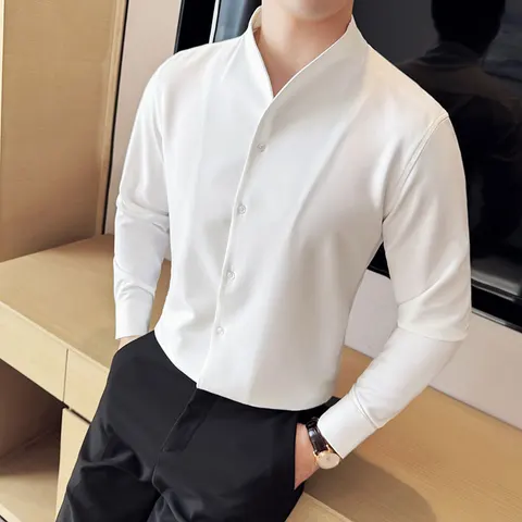 Сексуальная рубашка с V-образным вырезом, мужские повседневные рубашки с длинным рукавом, бесшовная деловая рубашка без воротника, женская блузка под смокинг