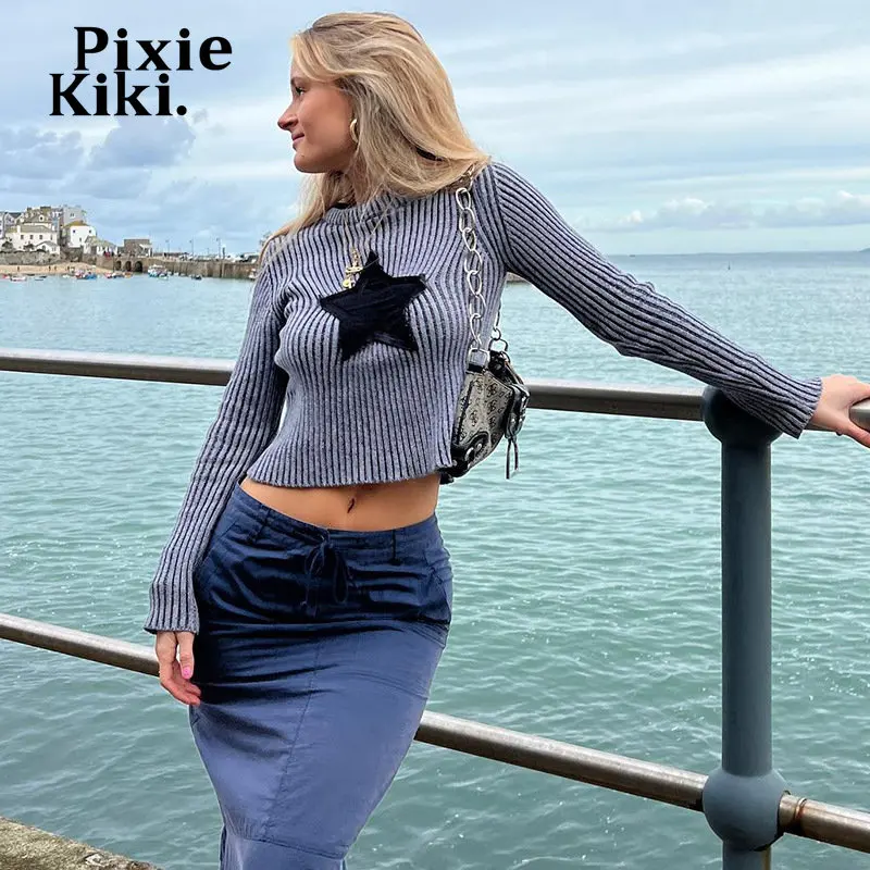 

Модные топы PixieKiki Y2k, уличная одежда, женские футболки с длинным рукавом и принтом звезд, серая вязаная уличная одежда, женские футболки с гра...