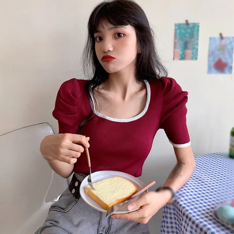 

Women's Korean Style Fashion Square Collar Short Sleeve Knitted Slim Pullover T-Shirt