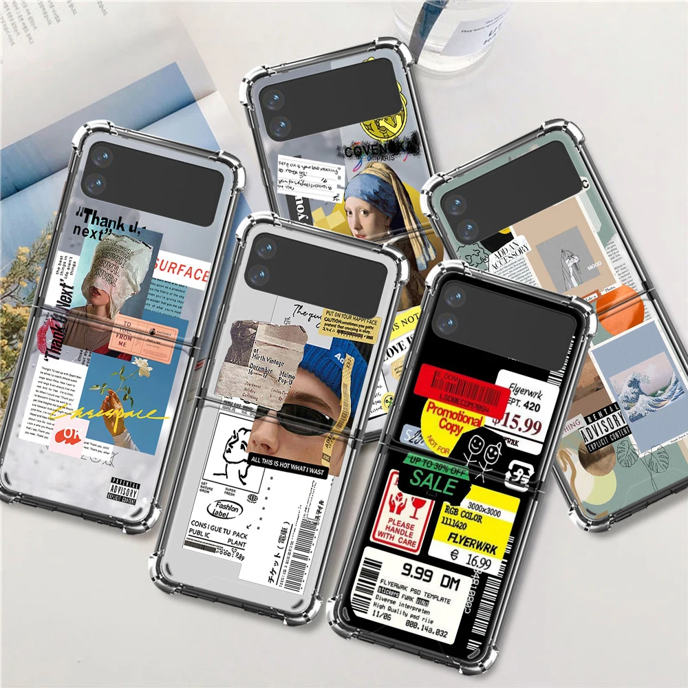 

Luxury Case For Samsung Galaxy Z Flip 3 5G Funda Z Flip3 Clear PC Hard Shockproof Back Phone Coque Shell Art Stamp Label Barcode